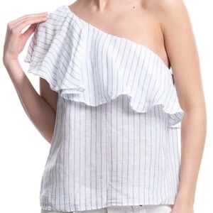 Alice + Olivia Blue White Linen Blend Calla One Shoulder Ruffle Top Large